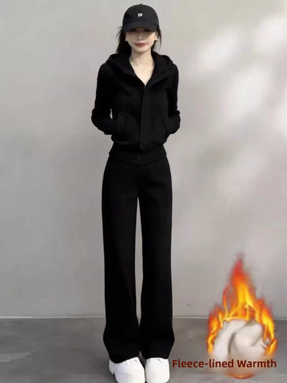 Korean Style Fleece Lined Thick Casual Sportswear Set Women Winter Stand Collar Jacket Wide Leg Pants Sweatshirt Two Piece Set