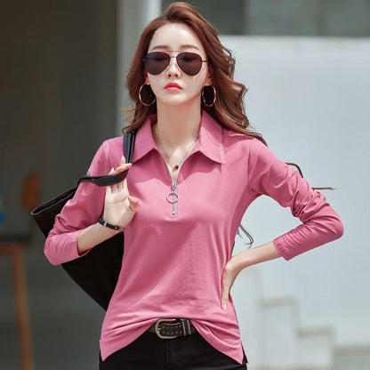 Korean Style cotton polo shirts women fashion long sleeve candy color zipper turn down neck polo t shirt for women 2025