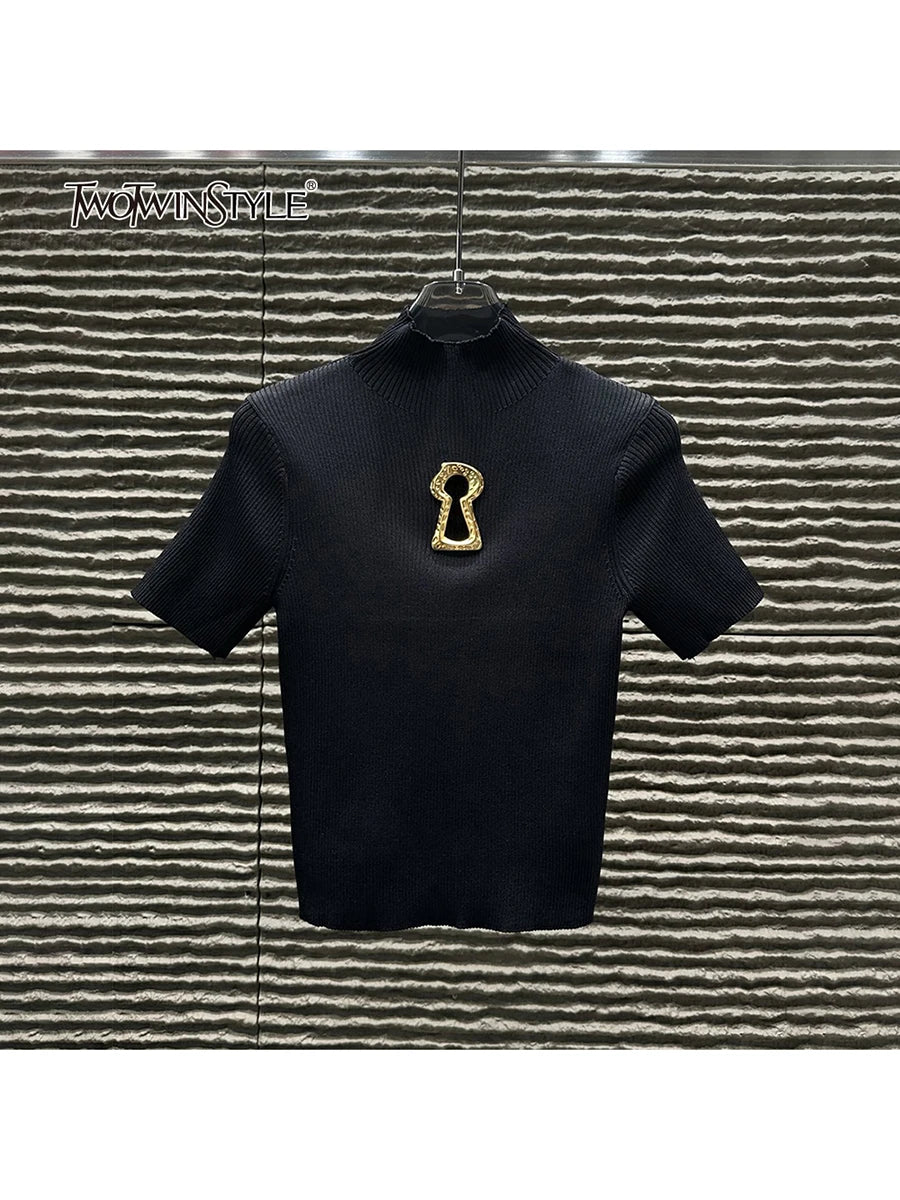 TWOTWINSTYLE Hollow Out Spliced Metal Buckle T Shirts For Women Turtleneck Short Sleeve Minimalist Slimming T Shirt Female 2025