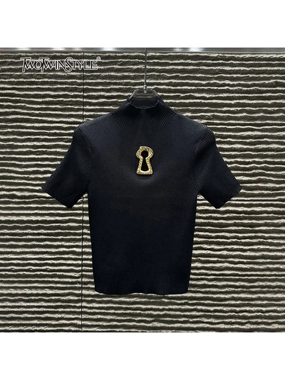 TWOTWINSTYLE Hollow Out Spliced Metal Buckle T Shirts For Women Turtleneck Short Sleeve Minimalist Slimming T Shirt Female 2025
