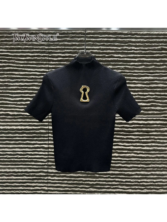TWOTWINSTYLE Hollow Out Spliced Metal Buckle T Shirts For Women Turtleneck Short Sleeve Minimalist Slimming T Shirt Female 2025