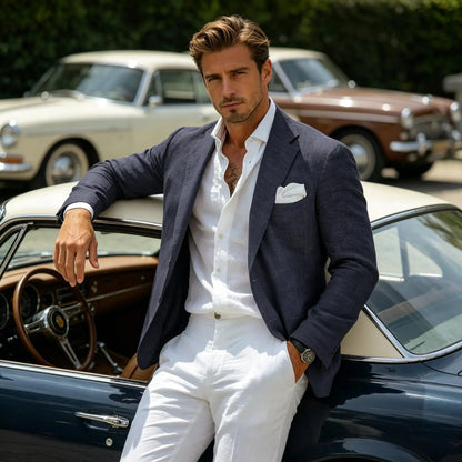 Men's Linen Blend Blazer Notched Lapel Single-Breasted Casual Business Sport Coat Slim Fit Breathable Lightweight Jacket