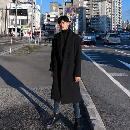 Casual Turn-down Collar Men's Woolen Jackets Outerwear Autumn Winter Mens Fashion Double-breasted Long Coat Men Cardigans