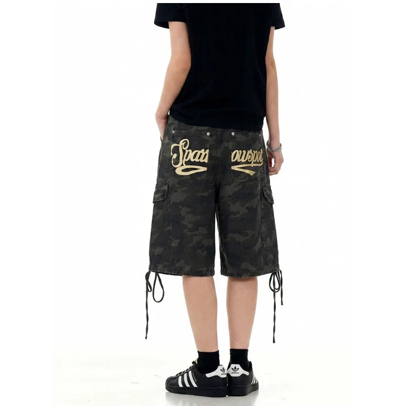 Men's Denim Shorts Cargo Shorts Drawstring Multi Pocket Camouflage Letter Print American Style Casual Summer Vintage Street