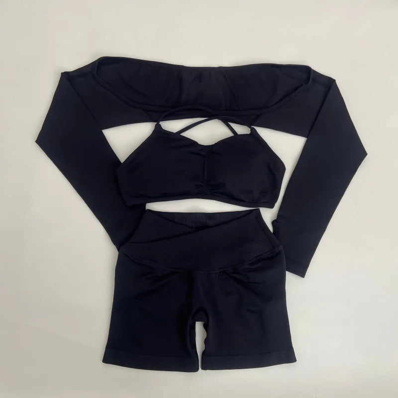 3 Pieces Women's High Stretch Gym Sportswear Shrug Sports Bra Shorts Set Comfortable Workout Yoga Active Wear Outfit