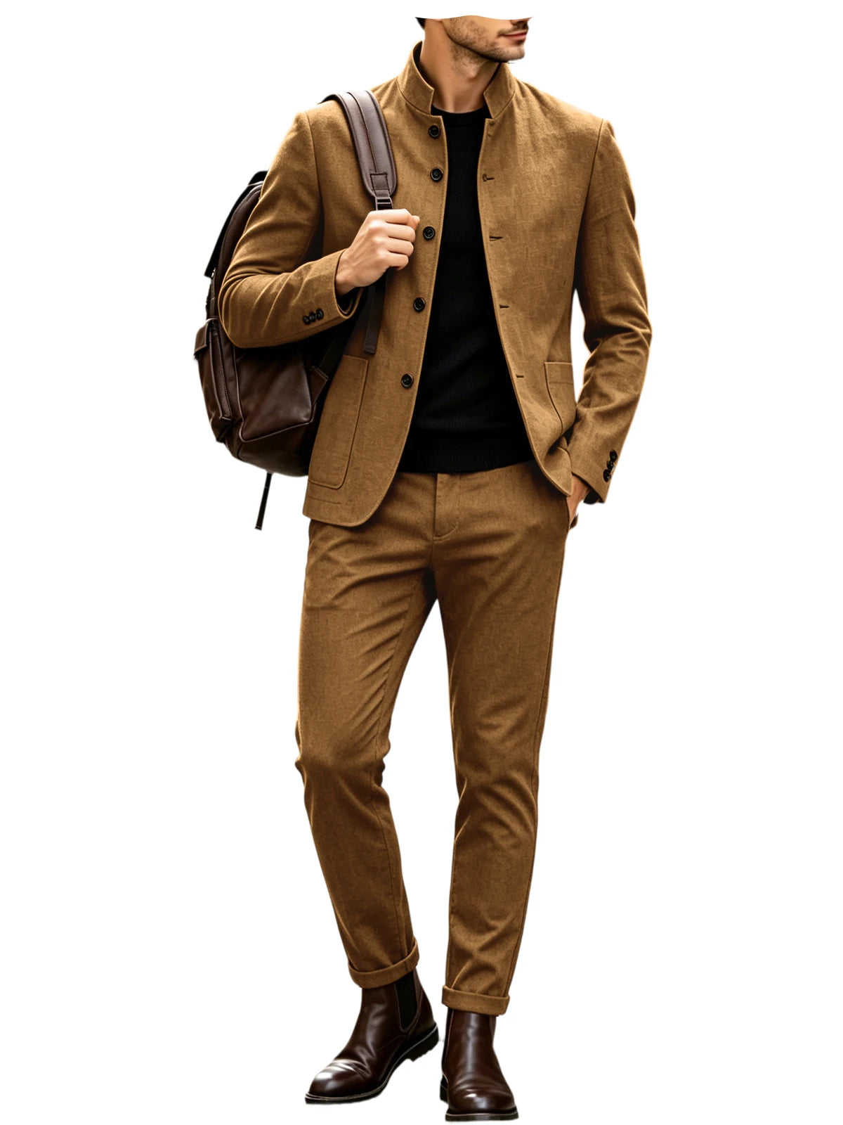 Men's Linen Stand Collar Suit 2-Piece Blazer & Pants Set Slim Fit Business Casual Tuxedo Jacket Trousers Formal Wedding Outfit