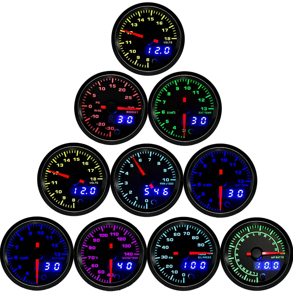 2" 52mm 7 Color LED Dual Display Gauge Boost PSI Boost BAR Water / Oil Temp Oil Pressure Voltmeter Air Fuel Ratio EGT Tachometer