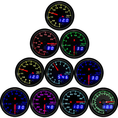2" 52mm 7 Color LED Dual Display Gauge Boost PSI Boost BAR Water / Oil Temp Oil Pressure Voltmeter Air Fuel Ratio EGT Tachometer