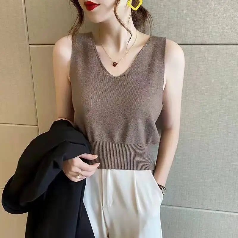 Women's Summer V-Neck Tank Top: Breathable, Waist-Defining Short-Sleeved Knit Top with Ice-Silk Spandex Lining for Outerwear