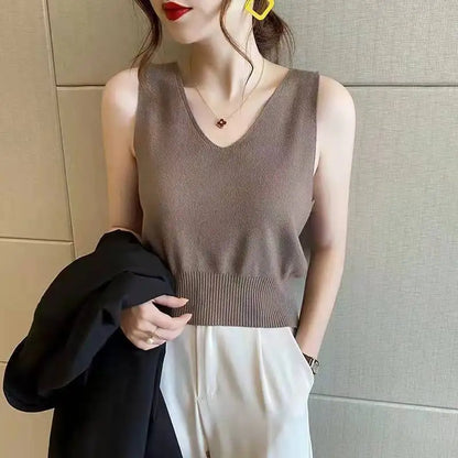 Women's Summer V-Neck Tank Top: Breathable, Waist-Defining Short-Sleeved Knit Top with Ice-Silk Spandex Lining for Outerwear