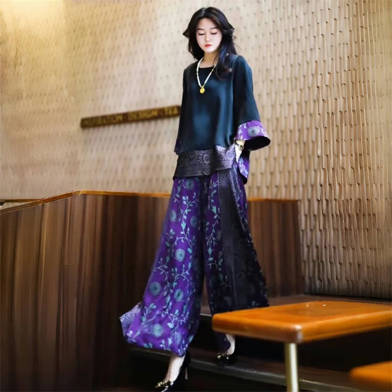 Silk Wide Leg Pants plus Size Loose Fitting Meat Covering Two Piece Set for Stylish Older Women Summer New Arrival