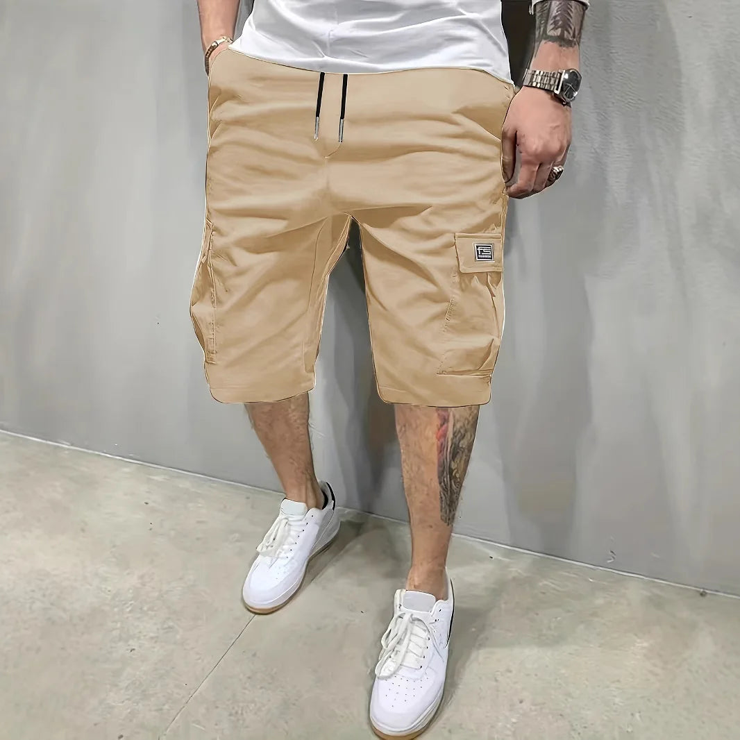 Men's Army Green Cargo Shorts Drawstring Waist Loose Fit Multi Pocket Shorts Men Summer Streetwear Casual Knee Shorts