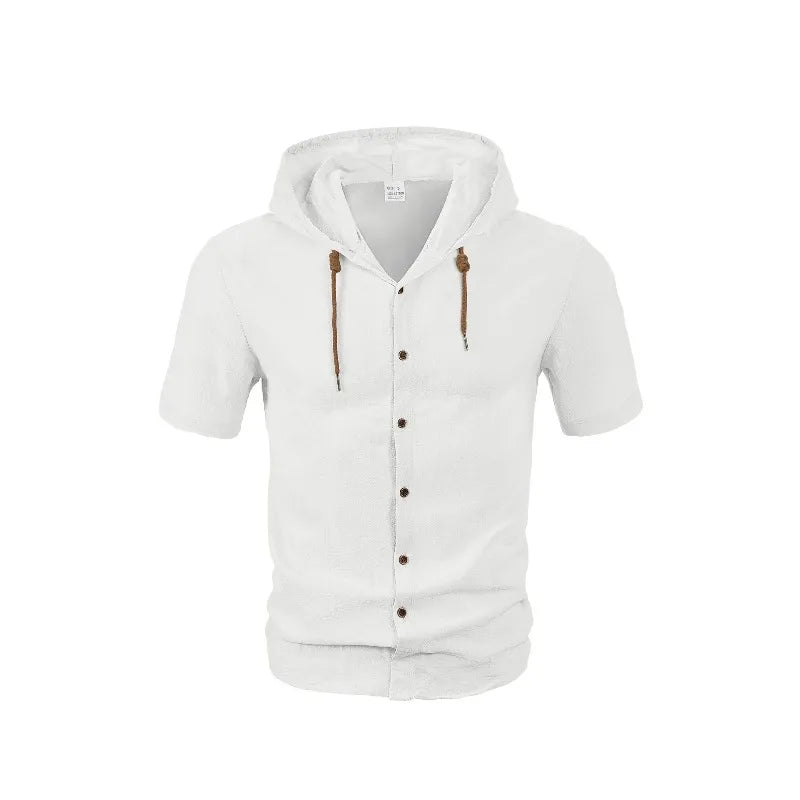 Men's Hooded Button Down Shirt Short Sleeve Linen Look Casual Top Drawstring Summer Beach Vacation Shirt 2026
