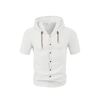 Men's Hooded Button Down Shirt Short Sleeve Linen Look Casual Top Drawstring Summer Beach Vacation Shirt 2026