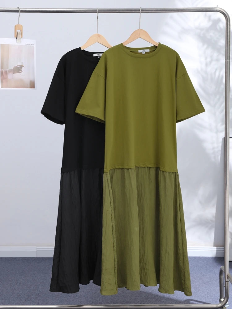 Fashion Women Patchwork Dress Chic Short Sleeve Round Neck Solid Ruffles Female Dress Casual Lady Streetwear Commute Summer 2026