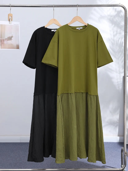 Fashion Women Patchwork Dress Chic Short Sleeve Round Neck Solid Ruffles Female Dress Casual Lady Streetwear Commute Summer 2026