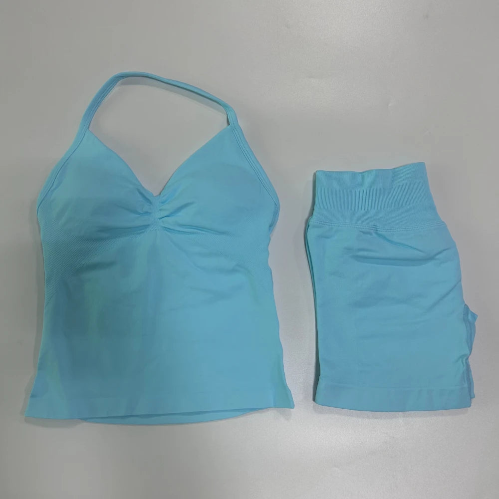 2 Pieces Sports Set Women Backless Tank Yoga Tops High Waist Scrunch Seamless Shorts Sport Gym Set Sportswear Workout Set