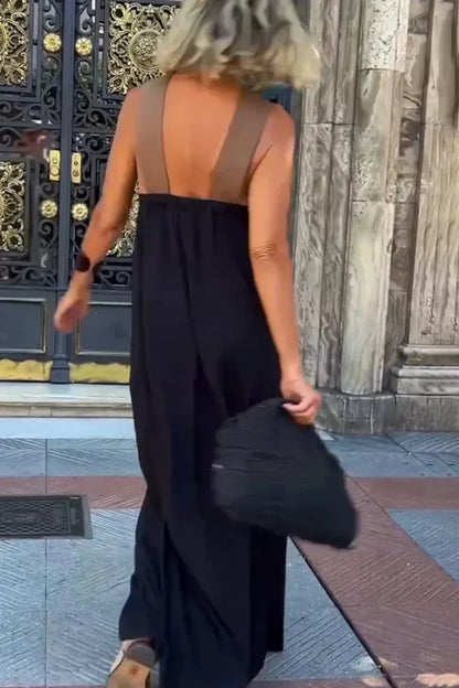 Women's Long Cross Dress Skirt European Style Mid-Waist A-Line Dress Polyester Fabric No-Sleeve Business Wear Single Piece