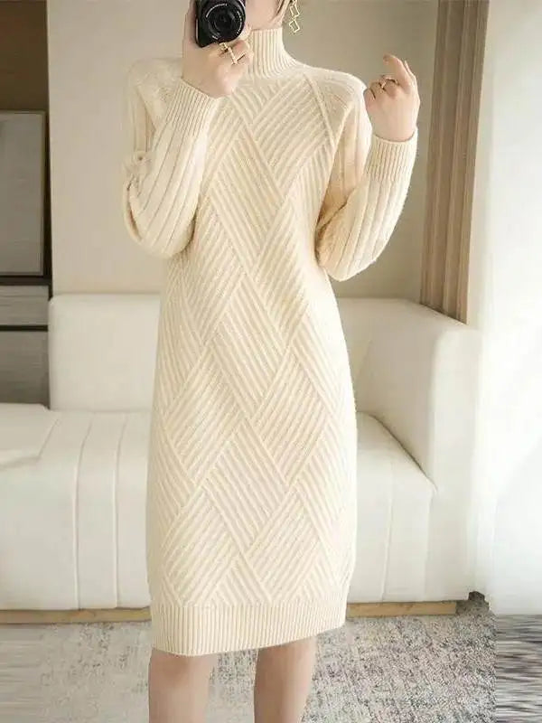 Thickened Winter Knitted Dress Women's Midi Knee-length Loose High-neck Fashionable Base Layer Dress Pure Color Long Sleeve