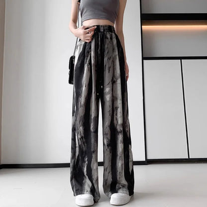 Summer Casual Loose Wide Leg Pants Women's Tie Dye Ink Ice Silk Loose Leopard Print Ethnic Style Long Pants Casual Trousers