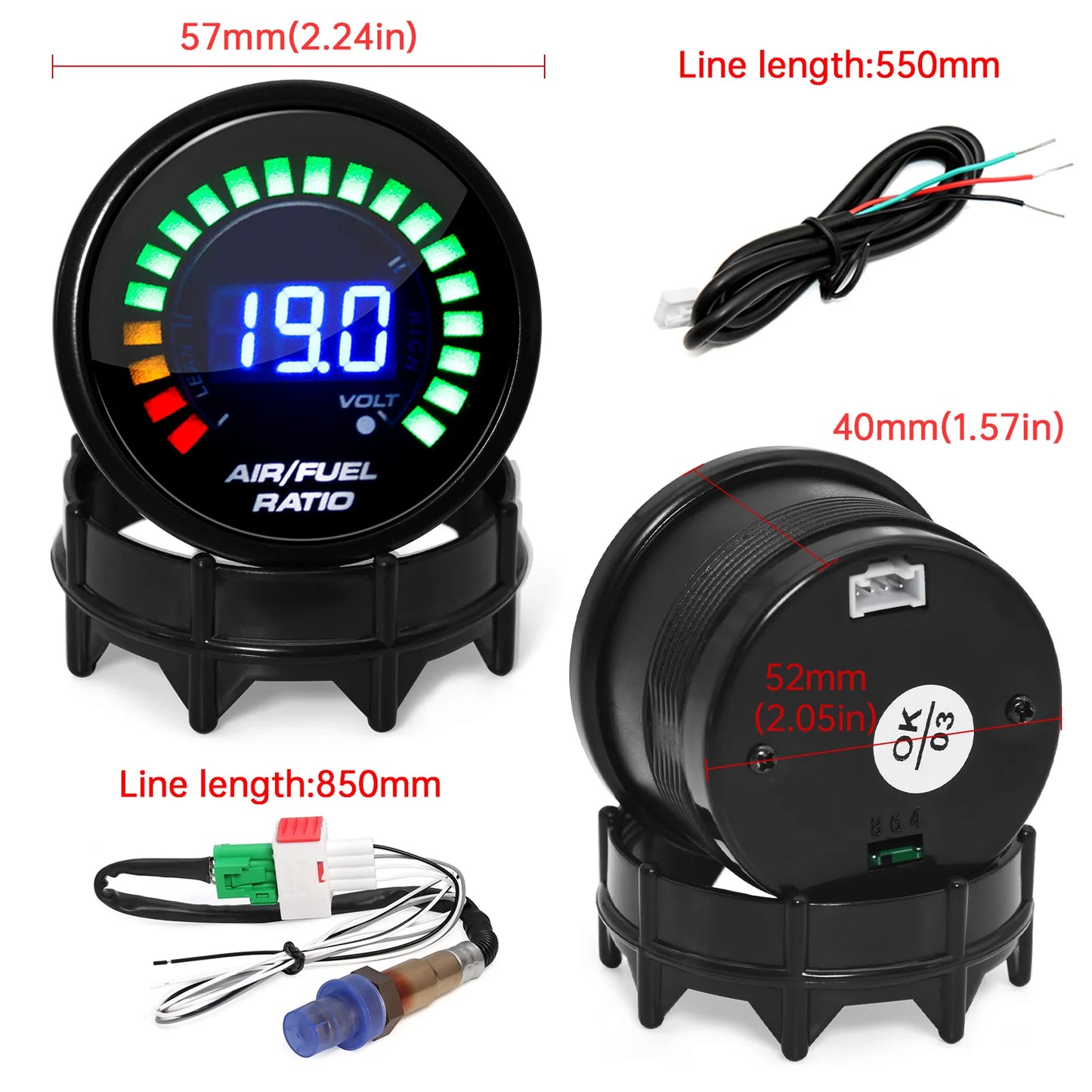 AD 52mm Air Fuel Ratio Gauge Voltmeter AFR Meter 2 In 1 Gauge with Narrowband O2 Oxygen Sensor Car Gauge Fit For 12V Racing Car