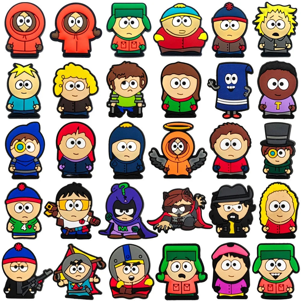 16-46Pcs Hot Toys South Park Shoe Charms Cartoon Shoes Decoration Accessories Buckle fit Clog Sandal Wristbands Kids Party Gifts