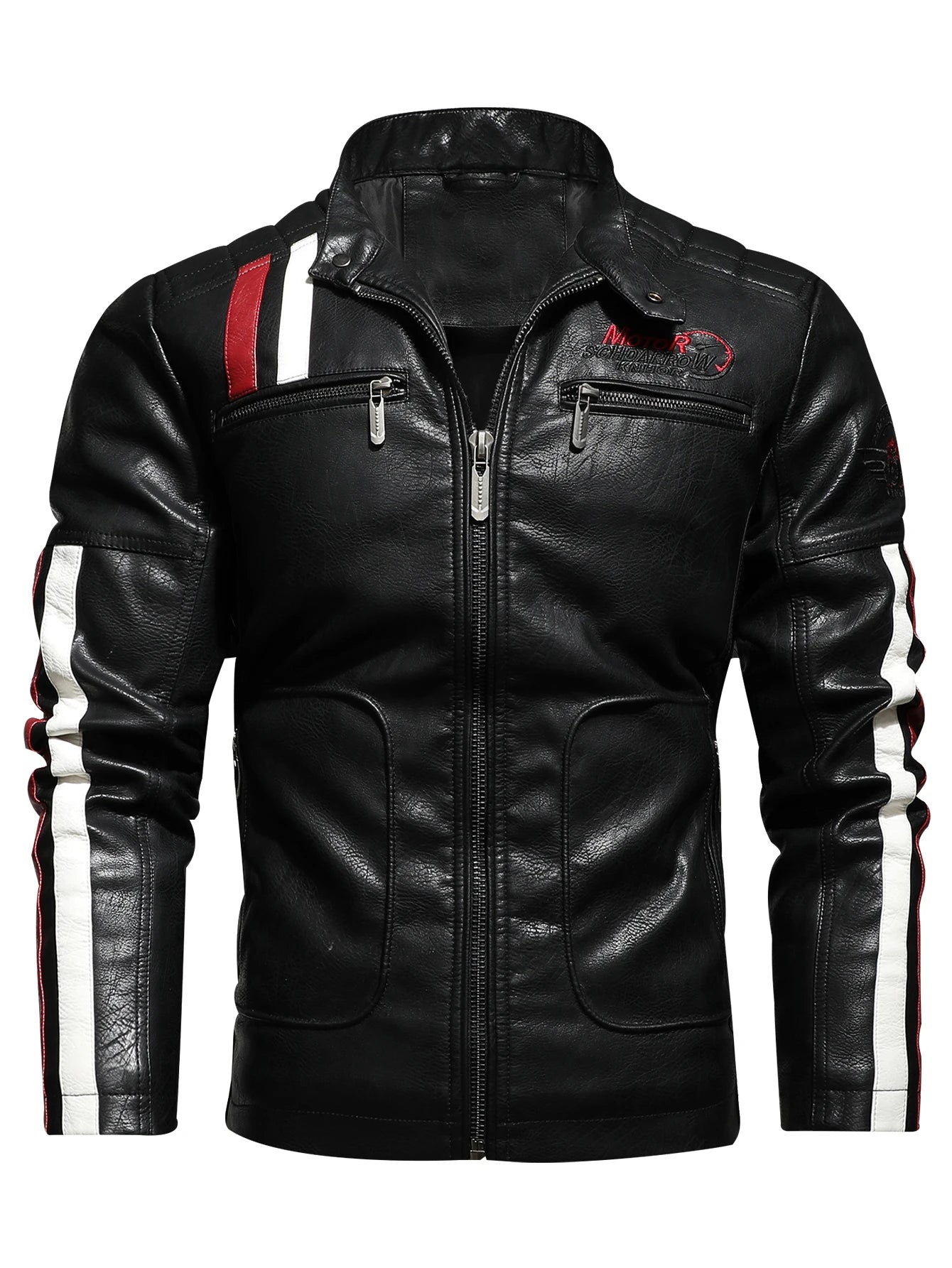 Men's PU Leather Motorcycle Racing Suit Color Embroidered Jacket with Cotton Inner for Racing