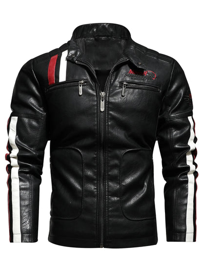 Men's PU Leather Motorcycle Racing Suit Color Embroidered Jacket with Cotton Inner for Racing