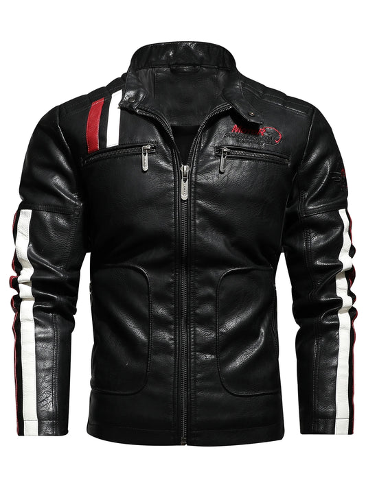 Men's PU Leather Motorcycle Racing Suit Color Embroidered Jacket with Cotton Inner for Racing
