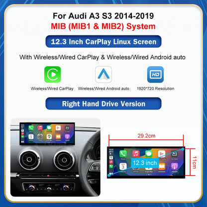 CN Road Top 12.3 Inch Touch Display For Audi A3 S3 2014-2019 Multimedia Player Andriod Auto Link GPS Carplay Screen Car Play