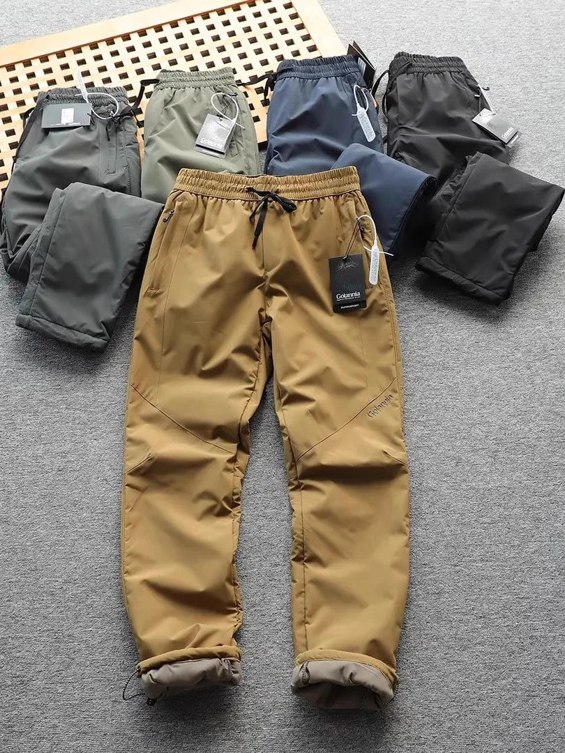Men's Winter Outdoor Thickened Fleece Lined Windproof Water Resistant Double Layer Cotton Pants Straight Leg Casual Trousers