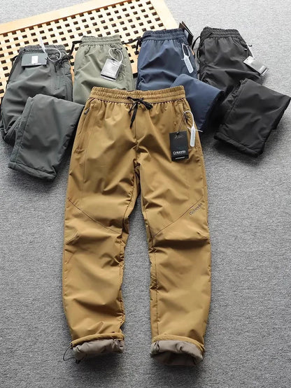 Men's Winter Outdoor Thickened Fleece Lined Windproof Water Resistant Double Layer Cotton Pants Straight Leg Casual Trousers