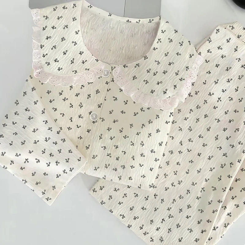 Cloud Cotton Sleepwear Set for Women Casual Spring Autumn Long Sleeve Long Pants Home Clothes  Plant Floral Print