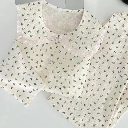 Cloud Cotton Sleepwear Set for Women Casual Spring Autumn Long Sleeve Long Pants Home Clothes  Plant Floral Print