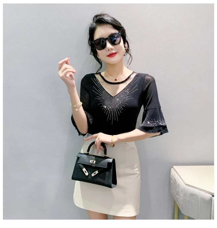 Sexy Hollow out Mesh Seven Quarter Sleeve Fashion Trend Summer T-Shirt Women Slimming Versatile Top Half Sleeve Small Shirt