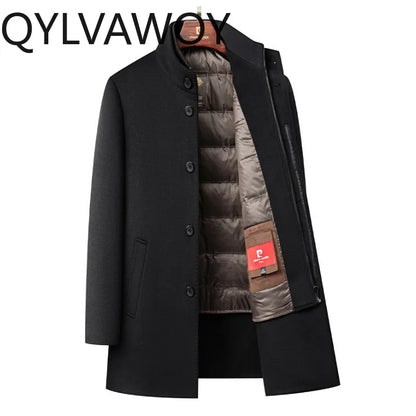 QYLVAWOY 100% Real Wool Man Jacket Winter Men's Wool and Trench Coats Mid-Length Jackets Stand Collar Coat Warm High Quality