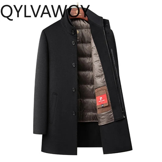 QYLVAWOY 100% Real Wool Man Jacket Winter Men's Wool and Trench Coats Mid-Length Jackets Stand Collar Coat Warm High Quality