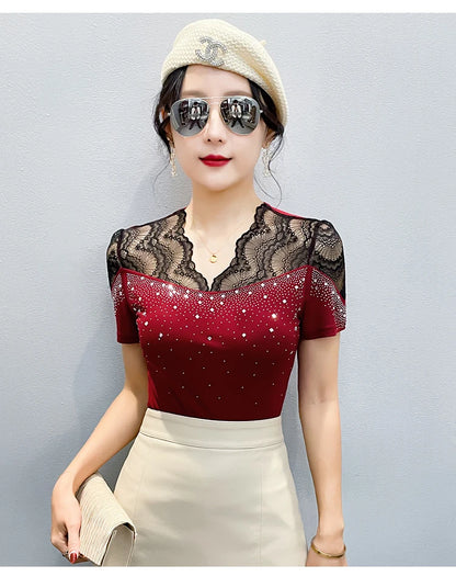 2026 Summer Women Tops New Korean Fashion Diamond Mesh T Shirt V-neck Short Sleeved Patchwork Lace Shirt