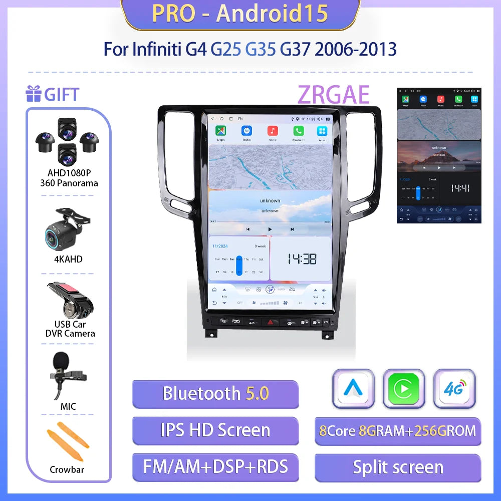 14.5” Android15 For Infiniti G4 G25 G35 G37 2006-2013 Tesla Style GPS Navigation Car Multimedia Video Player Carplay Auto BT 4G