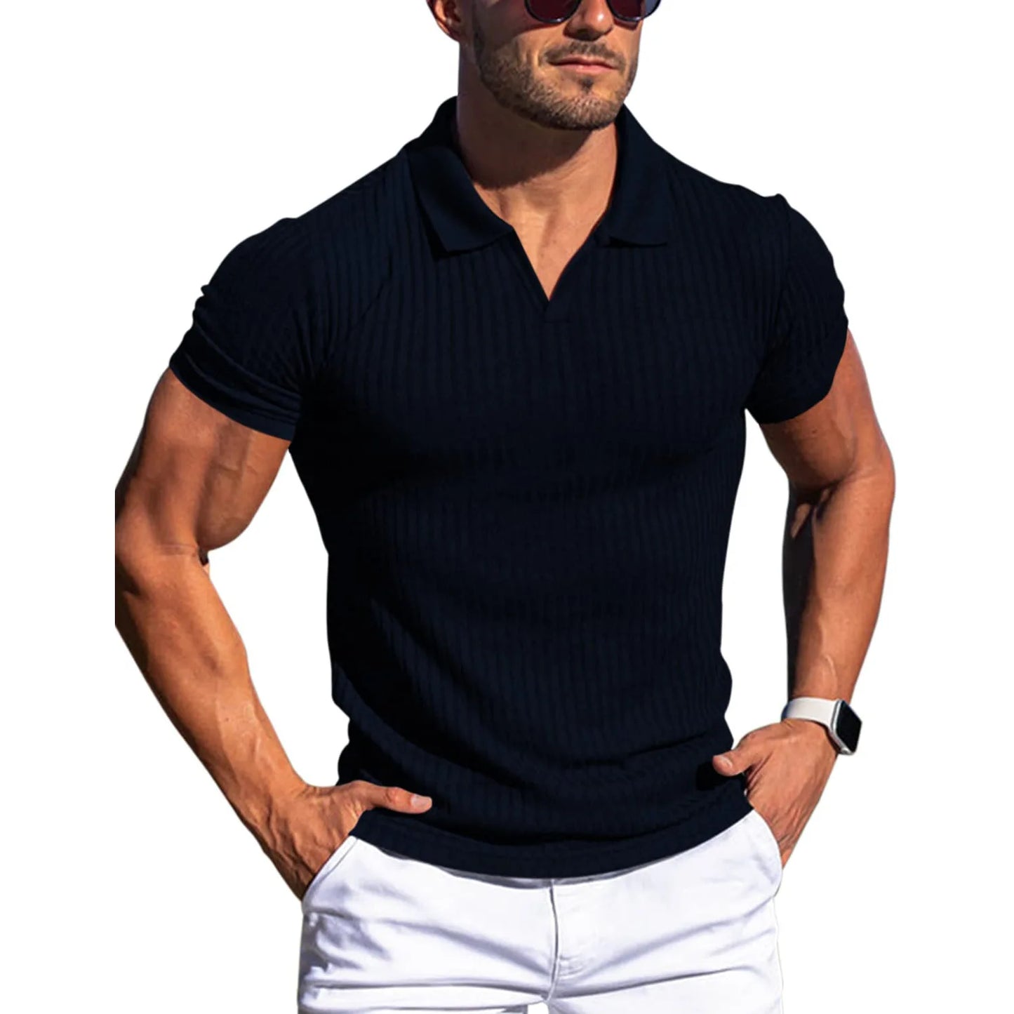 Men's Ribbed V-Neck Polo Shirt Summer Breathe Slim Fit Short Sleeve T-Shirt Men Casual Business Fashion T-Shirt