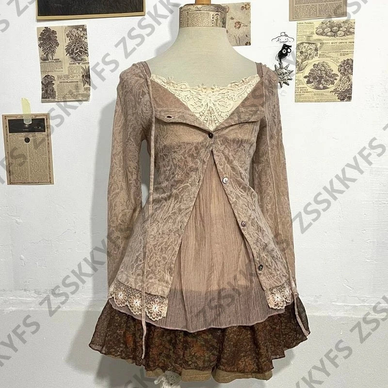 Y2k Himekaji Dresses Lace Summer Straps Sexy Elegant Party Dress 2026 2-Piece Japanese Soft Girl 2000s Casual Camis Short Skirt