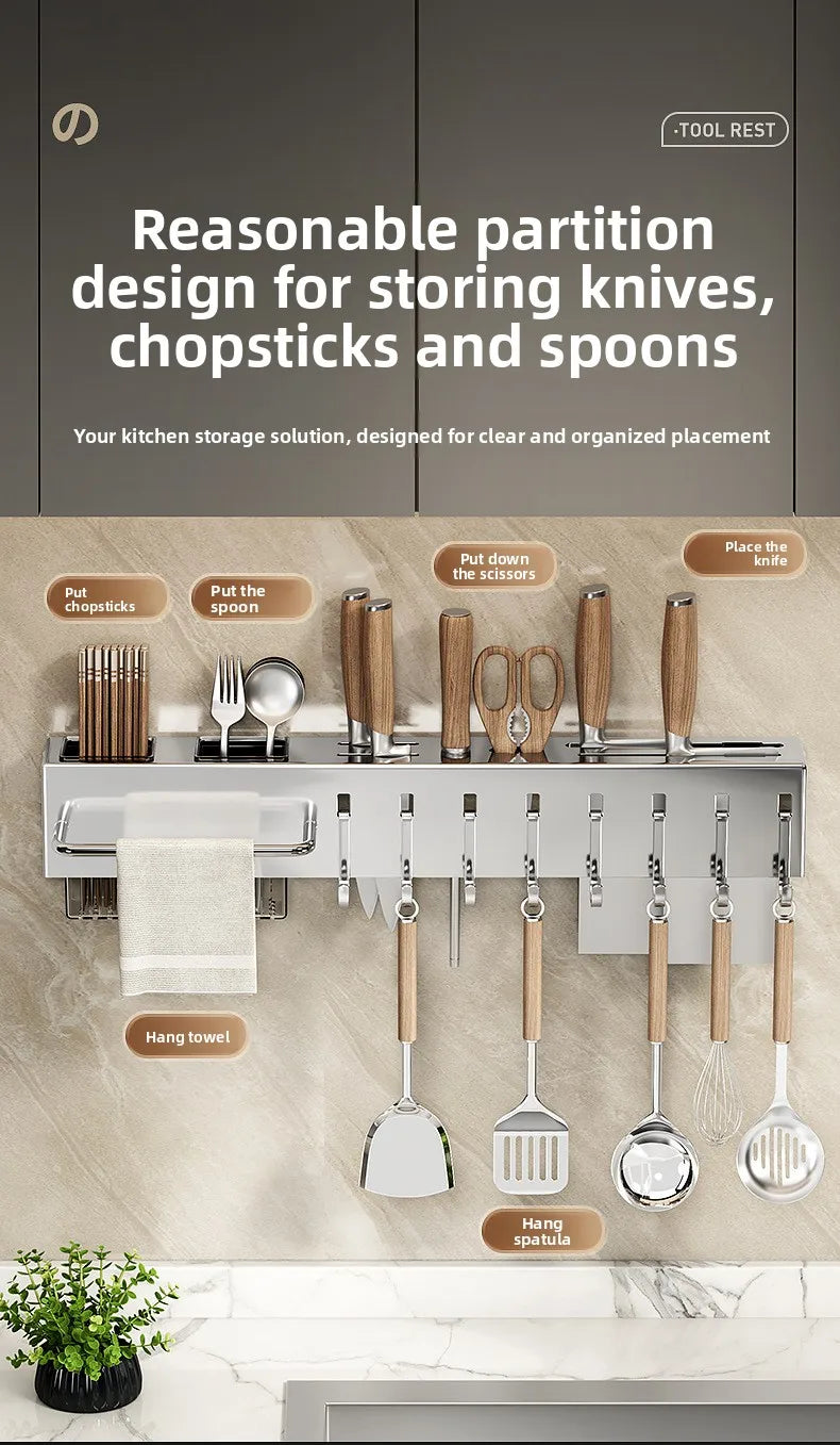 Stainless Steel Kitchen Knife Holder Wall Mounted No Drilling Multi-Function Chopsticks And Kitchen Knife Storage Rack
