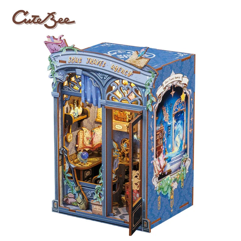 CUTEBEE Book Nook Kit Miniature House Kit Wooden Dollhouse with Led Light Bookshelf Insert Soul Travel Agency for Home Decor