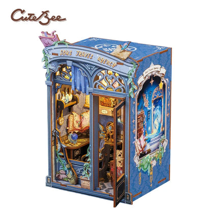 CUTEBEE Book Nook Kit Miniature House Kit Wooden Dollhouse with Led Light Bookshelf Insert Soul Travel Agency for Home Decor