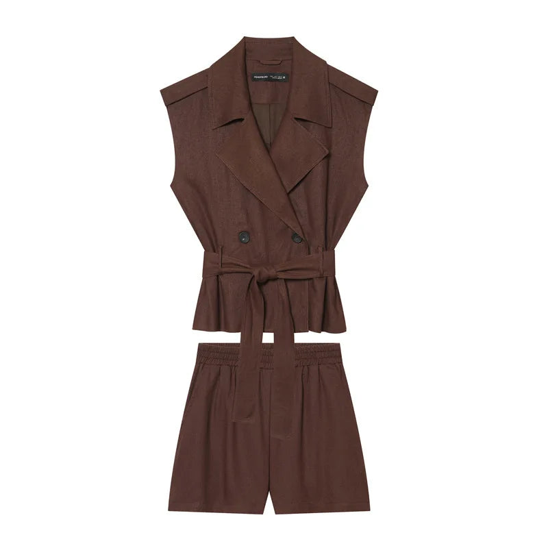 European and American style 2026 summer new style double-breasted vest with belt and elastic waist casual shorts suit