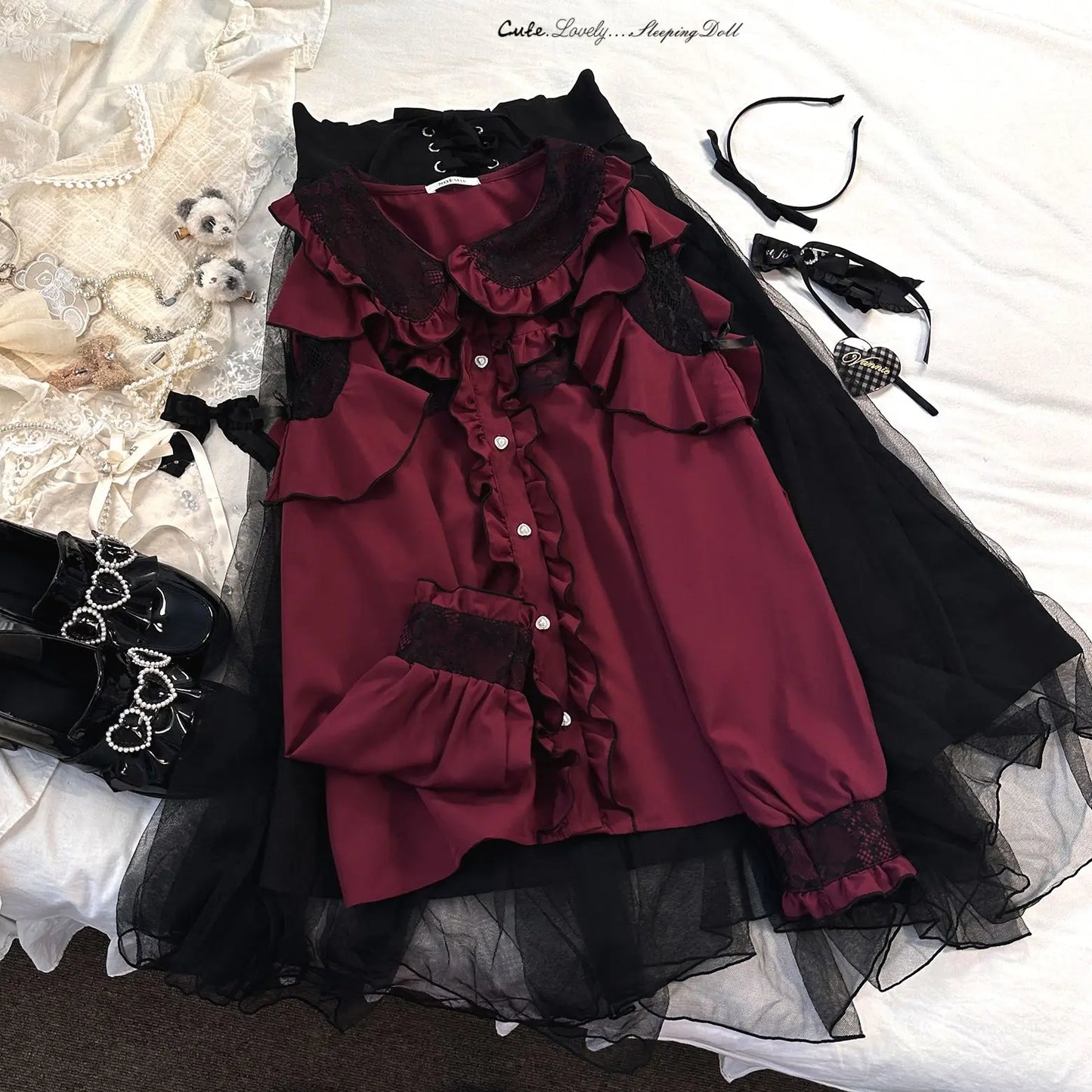 Jirai Kei Lolita Blouse Kawaii Top Women Cute Japanese Style Shirt with Bow Y2K Elegant Long Sleeve Sweet Casual Aesthetic Tops