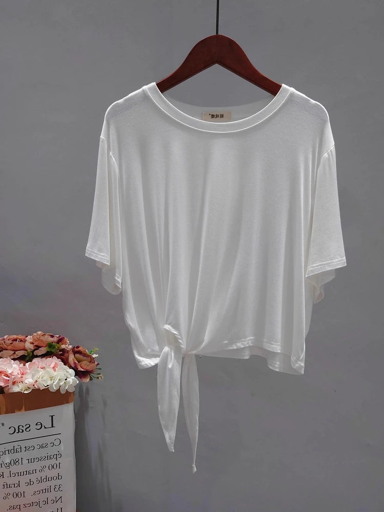 Ultra Soft Skin-Friendly Modal Summer Loose Short Sleeve T-Shirt Women's Asymmetrical Knot Waist Yoga Top Korean Style