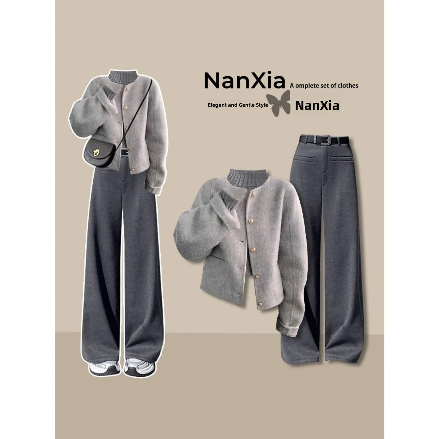 Winter Thickened Woolen Coat High Collar Knitted Sweater Straight Leg Pants Three Piece Set Women's Elegant Fashion Ensemble