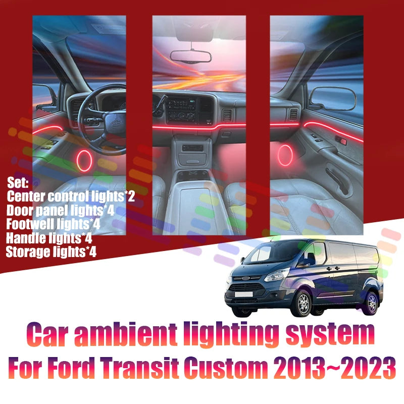 For Ford Transit Custom 2013~2023 MK1 Car LED Ambient Lamps Colorful Atmosphere Lights Auto Interior Neon Strip 64 RGB Lighting