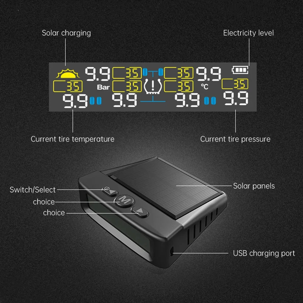 Kebidumei 6-Wheel Truck TPMS T12 Car Tire Pressure Monitoring Solar Tyre Temperature Air Leakage Alarm for Trucks/RVS/Pickup